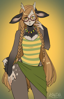 5_fingers anthro antlers biped braided_hair breasts brown_body brown_fur brown_hair brown_tail clothed clothed_anthro clothed_female clothing countershade_fur countershade_torso countershading eyewear female fingers front_view fur glasses green_clothing hair horn jewelry long_hair looking_at_viewer necklace neckwear one-piece_swimsuit simple_background solo standing swimwear tail yellow_eyes kittydee canid canine deer fox hybrid mammal 2025 digital_drawing_(artwork) digital_media_(artwork) hi_res
