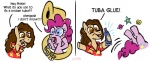 alternate_species blue_eyes brass_instrument brown_eyes brown_hair female feral fur glue hair male musical_instrument pink_body pink_fur pink_hair ponification sousaphone text tuba wind_instrument shuffle001 friendship_is_magic hasbro my_little_pony cheese_sandwich_(mlp) pinkie_pie_(mlp) earth_pony equid equine horse mammal pony comic english_text