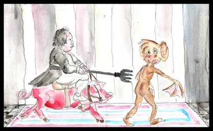 1700s 4_legs ambiguous_gender anthro biped black_border border butt carpet casual_nudity clothed clothed_human clothed_human_nude_anthro clothed_male clothing duo fangs female feral forcing fully_clothed fully_clothed_human fur hallway hand_wings harness head_tuft hooves inside larger_anthro larger_female larger_human larger_male looking_at_another looking_back looking_back_at_another male membrane_(anatomy) membranous_wings nervous nude nude_anthro nudist open_mouth pink_body pink_fur pitchfork plantigrade raised_heel rear_view riding_on_back scared shoulder_blades size_difference smaller_ambiguous smaller_feral tailless tan_body tan_fur teeth tiptoes tools tuft walking winged_hands wings dave_hyena witchprickers george_iv ilemauzer animal_humanoid bat bat_humanoid domestic_pig human humanoid mammal mammal_humanoid suid suine sus_(pig) colored graphite_(artwork) painting_(artwork) sketch traditional_media_(artwork) watercolor_(artwork)