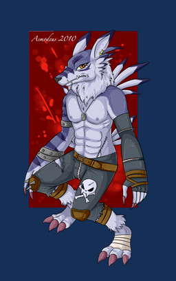 abs anthro bandage belt bottomwear claws clothing ear_piercing fur looking_at_viewer male muscular neck_tuft pants piercing solo tuft fi3ndish bandai_namco digimon digimon_(species) weregarurumon 2010 alpha_channel