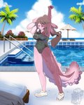 anthro beach blush breasts brown_hair clothing cloud female footwear grey_eyes grin hair long_hair looking_at_viewer one-piece_swimsuit outside palm_tree pink_body plant ponytail poolside raised_arms seaside shoes sky smile solo standing stretching swimwear tree umbrella wet nyanpizza amphibian axolotl marine mole_salamander salamander 2021 4:5 digital_media_(artwork) hi_res shaded