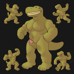 anthro dancing erection feet flaccid flexing genitals glans green_body green_skin group half-erect humanoid_feet male musclegut muscular muscular_male nipples pecs penis pink_glans pink_nipples plantigrade red_eyes short_penis silly silly_face silly_pose simple_background small_eyes smile thick_penis ravuer dinosaur prehistoric_species reptile saurischian scalie theropod tyrannosaurid tyrannosauroid tyrannosaurus tyrannosaurus_rex 1:1 hi_res