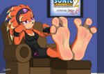 3_toes absurd_res accessory anthro barefoot breasts clothed clothing countershade_feet countershading dazidentevil detailed_background digital_media_(artwork) echidna english_text feet female foot_focus headband hi_res holding_object mammal monotreme sega shade_the_echidna signature sitting soles solo sonic_chronicles:_the_dark_brotherhood sonic_the_hedgehog_(series) text toes watching_tv