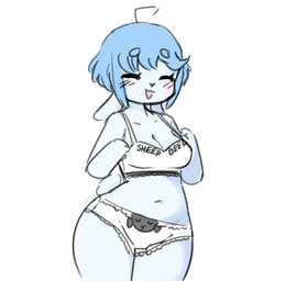 ahoge anthro blue_body blue_hair blush bra breasts cleavage clothed clothing dancing eyelashes eyes_closed female front-print_panties hair navel panties print_clothing print_panties print_underwear simple_background solo tail text text_on_clothing text_on_underwear thick_thighs underwear white_background white_bra white_clothing white_panties white_underwear wide_hips scorci asdfmovie beep_beep_i'm_a_sheep chelsi bovid caprine mammal sheep 2018 meme sketch