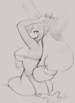 anthro bottomwear breasts clothing female hair loincloth ponytail raised_arm side_boob sitting smile solo tattoo tying_hair oughta marie_(oughta) canid canine fox mammal 2020 hi_res monochrome sketch