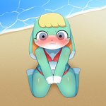 ambiguous_gender anthro beach bikini biped blonde_hair blush bodily_fluids clothing embarrassed female fur green_body green_fur hair kneeling sand sea seaside solo swimwear tears two-piece_swimsuit water white_body white_fur sum animal_crossing nintendo sasha_(animal_crossing) lagomorph leporid mammal rabbit 1:1 hi_res