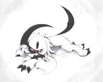 ambiguous_gender claws feral fur horn looking_at_viewer lying on_front red_eyes simple_background solo tail white_body white_fur likey nintendo pokemon absol generation_3_pokemon pokemon_(species) 2024 hi_res signature