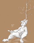 4_fingers anthro black_nose bottomwear clothed clothing fingers fur hair hoodie leaf male monotone_background pants paws plant simple_background sitting solo teeth topwear tree gwolk canid canine canis domestic_dog mammal 4:5 absurd_res hi_res sketch