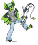 anthro attack bat_wings duo female feral glamfur green_eyes green_hair green_markings green_tongue hair heart_symbol leg_grab markings membrane_(anatomy) membranous_wings size_difference tail tongue tongue_out winged_arms wings zeriara american_opossum bat mammal marsupial virginia_opossum 2007