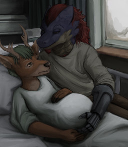 anthro antlers bed blue_body cybernetic_arm cybernetic_limb duo furniture green_hair hair horn hospital hospital_bed hospital_gown male pregnant pregnant_male red_hair anon2000000 alasdair_lindsay deer mammal reptile scalie snake hi_res