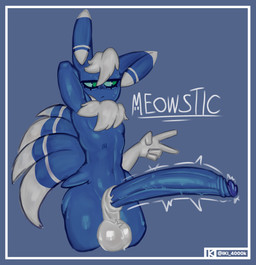 anthro balls big_balls big_penis blue_body blue_border blue_fur border cat_smile erection femboy fur genitals green_eyes huge_penis hung_femboy male nude penis small_but_hung solo standing wet wet_body wet_fur iki_4000k nintendo pokemon generation_6_pokemon meowstic pokemon_(species) absurd_res hi_res