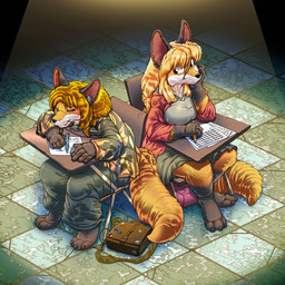 3_claws 5_fingers adolescent anthro arm_markings bag barefoot biped black_body black_claws black_ears black_eyes black_fur black_nose blonde_hair bottomwear breasts chair claws clothed clothed_anthro clothed_female clothed_male clothing desk detailed_background digitigrade drawing_(object) duo electronics eyes_closed feet female female_anthro fingers floor fully_clothed fully_clothed_anthro fully_clothed_female fully_clothed_male fur fur_markings furniture gloves_(marking) hair hand_on_face headphones leg_markings long_hair looking_at_another male male_anthro markings mouth_closed multicolored_body multicolored_fur on_chair orange_body orange_fur orange_tail pants paper pencil_(object) pink_inner_ear school_desk shirt sitting sitting_on_chair skirt smile snout socks_(marking) spotlight table tail text tile tile_floor toe_claws topwear trail whiskers white_body white_fur young young_female young_male kitsune_youkai firecat kit_(kitsune_youkai) canid canine fox mammal 1:1 2026 digital_media_(artwork) english_text brother_(lore) brother_and_sister_(lore) sibling_(lore) sister_(lore)