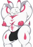 anthro areola big_muscles big_nipples big_pecs blush bulge butt clothed clothing detailed_bulge genital_outline genitals huge_pecs male muscular muscular_anthro muscular_male nipples pecs simple_background smile solo tail underwear white_background anonymous_artist blood-c elder_bairn lagomorph leporid mammal rabbit absurd_res digital_media_(artwork) hi_res