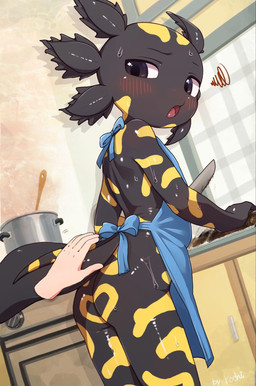 ambiguous_gender anthro apron apron_only black_body blue_apron blue_clothing blush bodily_fluids butt clothing embarrassed floating_hands holding_knife holding_object knife looking_back mostly_nude_ambiguous mostly_nude_anthro open_mouth pouting rear_view solo sweat tail tongue yellow_body young young_ambiguous young_anthro kochi662368621 epic_games fortnite axo_(fortnite) amphibian aquatic axolotl mole_salamander salamander 2026 hi_res japanese_description