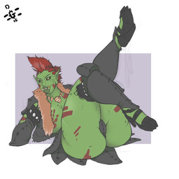 big_breasts breasts female hair jewelry looking_at_viewer lying necklace not_furry on_back smile solo teeth thick_thighs dannyg che-ek humanoid orc 1:1 hi_res