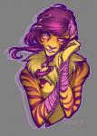 anthro breasts female fur hair looking_at_viewer nude pink_eyes pink_hair purple_body purple_fur smile solo stripes yellow_body yellow_fur inkfall malli equid equine felid horse hybrid mammal pantherine tiger