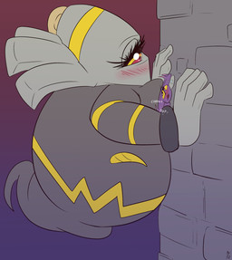 1_eye against_surface against_wall ambiguous_gender biped blush blush_lines duo eyelashes female floating green_body grey_body larger_female legless long_eyelashes looking_at_another not_furry open_mouth size_difference smaller_ambiguous sound_effects fuf nintendo pokemon dusknoir generation_4_pokemon mismagius pokemon_(species) 2019 hi_res