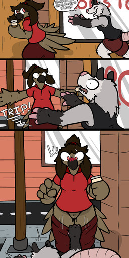 anthro assisted_exposure beak blush bottomwear bottomwear_down clothed clothing dialogue duo embarrassed exposed feathers female female/female fur genitals open_mouth outside pants pants_down pantsing partially_clothed public text vulva trout_(artist) the_intern_(trout) american_opossum avian bird galliform mammal marsupial phasianid turkey absurd_res aliasing comic digital_media_(artwork) english_text hi_res
