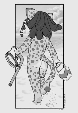 accessory anthro beach beads border bucket butt casual_nudity cloud container day detailed_background dipstick_tail dreadlocks faceless_anthro faceless_character faceless_female female female_anthro footprint fur hair_accessory hair_beads holding_bucket holding_container holding_object markings nude nude_anthro nude_female on_sand outdoor_nudity outside outside_border public public_nudity rear_view running sea snorkel solo spots spotted_body spotted_fur spotted_markings spotted_tail tail tail_markings text water young young_anthro young_female nerdmouse cheetah felid feline mammal 2026 artist_name dated digital_drawing_(artwork) digital_media_(artwork) full-length_portrait greyscale hi_res monochrome portrait