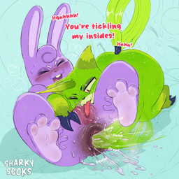 1_horn 3_toes anal anal_fisting anal_penetration anthro anus bodily_fluids buckteeth cunnilingus duo eyes_closed feet female female/female fisting fur green_body hair_swirl hooves horn one_eye_closed onomatopoeia open_mouth open_smile oral penetration pinata purple_body purple_fur sex smile sound_effects tail teeth text tickling toes tongue tongue_out vaginal sharkysocks rabbit_(renny_rabbit) yvette_(sharkysocks) animate_inanimate lagomorph leporid living_pinata mammal rabbit artist_name hi_res