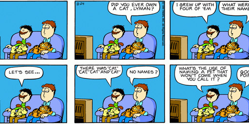 dialogue electronics eyes_closed feral furniture group male sitting sofa speech_bubble television text jim_davis_(artist) garfield_(series) garfield_the_cat jon_arbuckle lyman_(garfield) odie_the_dog canid canine canis domestic_cat domestic_dog felid feline felis human mammal comic english_text