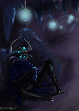 anthro bandage black_carapace black_sclera blue_cloak blue_clothing blue_eyes blue_penis blue_precum bodily_fluids carapace cave cloak cloak_only clothed clothing cracked_mask curved_horn detailed_background genital_fluids genitals glowing glowing_eyes hand_on_penis horn lamp leaking_precum lifeblood looking_at_genitalia looking_at_penis male masturbation partially_clothed penile penile_masturbation penis precum rock scenery solo white_mask starlooz hollow_knight_(franchise) team_cherry fan_character varoe arthropod insect vessel_(species) hi_res signature