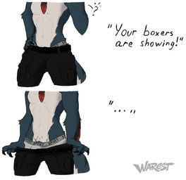 abs anthro biped blue_body bottomwear boxers_(clothing) bulge claws clothing clothing_pull feathers genitals male male_anthro pants penis penis_base pockets solo underwear conditional_dnp warest bra_strap_showing_(meme) onyx_(warest) dinosaur dromaeosaurid prehistoric_species reptile saurischian scalie theropod utahraptor absurd_res hi_res meme