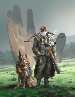 4_toes 5_fingers ambiguous_feral ambiguous_gender arrow_(weapon) axe black_nose boots bottomwear bow_(weapon) brown_body brown_eyes brown_fur butt clothed clothed_human clothed_male clothing duo ear_piercing feet feral fingers footwear forest fully_clothed fully_clothed_human fully_clothed_male fur grass green_bottomwear green_clothing green_jacket green_pants green_topwear grey_boots grey_clothing grey_footwear grey_sky gun handgun hat headgear headwear holding_arrow holding_axe holding_object holstered_pistol jacket larger_human larger_male light male male_human multicolored_body multicolored_fur orange_clothing orange_hat orange_headwear orange_shirt orange_topwear outside pants paws piercing pistol plant pouch_(clothing) quadruped ranged_weapon rock sculpture shirt shoes sitting sitting_on_ground size_difference sky smaller_ambiguous smaller_feral smoke statue tan_body tan_skin toes topwear tree weapon white_mask danny_gardner highguard_(game) canid canine canis domestic_dog german_shepherd herding_dog human mammal pastoral_dog 2026 absurd_res adobe_photoshop_(artwork) colored concept_art digital_drawing_(artwork) digital_media_(artwork) english_description hi_res lighting official_art shaded