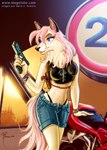 5_fingers anthro bad_trigger_discipline black_ears blue_eyes bottomwear bracelet clothing denim denim_clothing female fingers fur gun hair handgun holster jewelry motorcycle panty_peek pink_hair pose ranged_weapon shirt shorts shoulder_holster solo tank_top tomboy topwear unbuttoned vehicle weapon white_body white_fur magolobo canid canine canis domestic_dog mammal 2005 digital_media_(artwork)