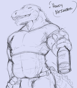 alcohol anthro beer beer_bottle belly beverage bottle bottomwear claws clothed clothed_male clothing container crop_top dialogue holding_beer_bottle low-angle_view male muscular navel pants scales sharp_teeth shirt simple_background smile solo speech_bubble tail talking_to_viewer teeth topwear pandottermon crocodile crocodilian reptile scalie guide_lines hi_res sketch