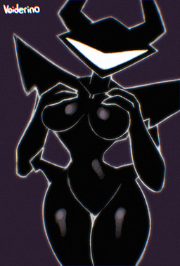 2_horns armor black_body breasts featureless_breasts featureless_crotch female female_humanoid fingers glistening glistening_body glistening_breasts glistening_legs hand_on_own_breast hands_above_breasts headgear helmet horn legs_together looking_at_viewer medium_breasts purple_background simple_background solo text thick_thighs thigh_gap voider_(artist) deltarune undertale_(series) roaring_knight darkner humanoid shadow_creature 2025 artist_name chromatic_aberration digital_media_(artwork) hi_res