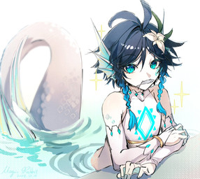 accessory alternate_species armwear blue_eyes bridal_gauntlets clothed clothed_male clothing ear_fins fin flower flower_in_hair hair hair_accessory light_body light_skin male mermaidification partially_submerged plant simple_background solo split_form water white_background magic_rabbit genshin_impact mihoyo venti_(genshin_impact) aquatic humanoid_merfolk merfolk