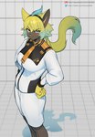 anthro blue_eyes clothed clothing female fur solo text uniform yellow_body yellow_fur kambo gundam mobile_suit_gundam_the_witch_from_mercury nintendo pokemon felid generation_7_pokemon legendary_pokemon mammal pokemon_(species) zeraora hi_res url