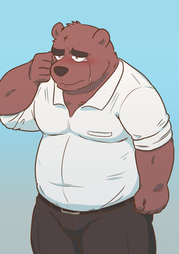 anthro belly blue_background bodily_fluids bottomwear clothing crying humanoid_hands kemono male overweight overweight_anthro overweight_male pants shirt simple_background solo tears topwear kick_(artist) bear mammal 2015