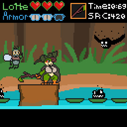 anthro bottomless bottomless_anthro cloak clothed clothing eyewear fake_game female gameplay_mechanics goggles gui health_bar hud male score shirt stick timer topwear chaoskres fly_(joaoppereiraus) lotte_(joaoppereiraus) amphibian arthropod fly_(animal) frog insect shadow_creature tagme