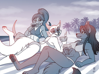 alcohol anthro arm_tuft beach beach_towel beverage bikini breasts butt clothing cocktail cocktail_glass collarbone container cup drinking_glass eyebrows eyelashes feet female glass glass_container glass_cup group hair inner_ear_fluff lying on_back on_front open_mouth outside pawpads shoulder_tuft sitting swimwear towel trio tuft two-piece_swimsuit heresy_(artist) teenage_mutant_ninja_turtles alopex mona_lisa_(tmnt) ninjara_(tmnt) arctic_fox canid canine fox mammal true_fox 2026 monochrome