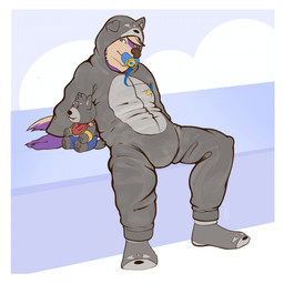 anthro bottomwear clothing diaper ear_flop footwear fur grey_bottomwear grey_clothing grey_footwear grey_onesie grey_socks grey_topwear hair hoodie male multicolored_body multicolored_fur object_in_mouth onesie pacifier pacifier_in_mouth plushie purple_body purple_fur purple_hands sitting socks solo tan_body tan_fur tan_hair three-quarter_view topwear two_tone_body two_tone_fur tennettthedl tennet canid canine canis domestic_dog mammal 1:1 2023 hi_res