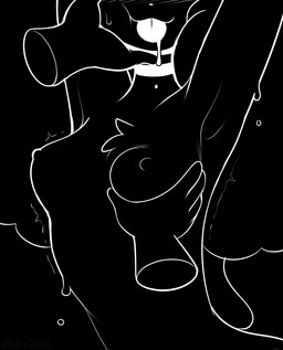 anthro black_body bodily_fluids breast_grab breasts choker disembodied_hand female hand_on_breast jewelry necklace solo tongue tongue_out puppysnackz puppysnackz_(character) canid canine canis domestic_dog mammal