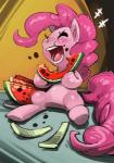 eating eyes_closed female feral food fruit fruit_peel hair holding_food holding_object inside melon open_mouth pink_hair plant sitting solo watermelon watermelon_slice bittenhard friendship_is_magic hasbro my_little_pony pinkie_pie_(mlp) earth_pony equid equine horse mammal pony