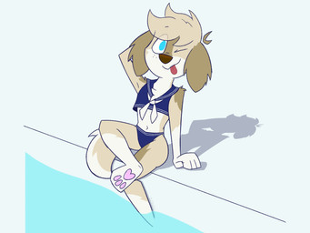 anthro arm_tuft blue_eyes brown_body brown_ears brown_fur brown_nose chest_tuft crossed_legs facial_markings female fluffy fluffy_ears fluffy_tail fur gloves_(marking) hair hands_on_ground head_markings head_tuft leaning leaning_backward leg_markings looking_at_viewer markings navel one_eye_closed pawpads pink_pawpads pool poolside raised_arm raised_leg shadow shoulder_tuft sitting sitting_on_ground socks_(marking) solo tail tan_body tan_fur tongue tongue_out tuft water white_body white_fur white_paws wink winking_at_viewer slightlyarousedguy gracie_(vixeyhuskybutt) bird_dog canid canine canis domestic_dog golden_retriever hunting_dog mammal retriever 4:3 hi_res watermark