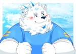anthro bandage bandage_on_face belly blush clothing fur hair male overweight ponytail shirt smile solo t-shirt topwear white_body white_fur jinastray lifewonders live_a_hero yohack canid canine canis domestic_dog mammal nordic_sled_dog samoyed spitz absurd_res hi_res