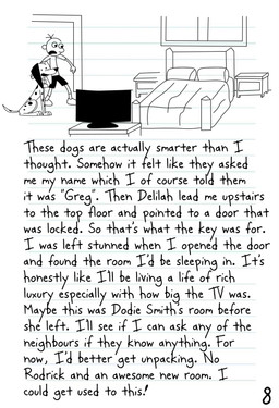 bedroom black_spots black_text duo electronics female feral fur heterochromatic_ears male simple_background spots television text white_background white_body white_fur jackcryo 101_dalmatian_street 101_dalmatians diary_of_a_wimpy_kid disney delilah_(101_dalmatians) greg_heffley canid canine canis dalmatian domestic_dog human mammal hi_res