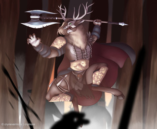 animal_genitalia anthro antlers armor axe balls battle_axe bone brown_body brown_fur cape clothing double_bitted_axe fight forest fur furgonomics genitals girdle greaves group hooves horn male melee_weapon plant sheath solo_focus tree weapon crymore king_cervie deer mammal absurd_res hi_res