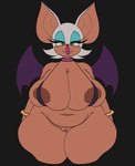 anthro areola big_breasts bottomless breasts brown_areola censored_genitalia censored_pussy clothed clothing female genitals green_eyes looking_at_viewer overweight overweight_anthro overweight_female pussy solo wings ryukinoodle sega sonic_the_hedgehog_(series) rouge_the_bat bat mammal absurd_res censored hi_res mosaic_censorship