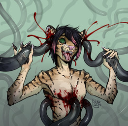 anthro black_hair blood bodily_fluids brain death ear_penetration gore gore_focus green_eyes hair hypnosis male masturbation mind_control open_mouth organs penetration simple_background skullfuck solo tentacles tongue xenophilia kolkolukija felid feline leopardus mammal ocelot hi_res