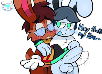 4_fingers admiring admiring_penis anthro balls big_penis blush blush_lines bottomless bottomless_male cartoon_gloves clothed clothing duo erection eyewear fingers foreskin genitals glasses humanoid_genitalia humanoid_penis male male/male penis smug smug_expression smug_face throbbing throbbing_penis toony wearing_glasses mintytempest note_(mintytempest) roderick_(tamerkoh) lagomorph leporid mammal rabbit hi_res