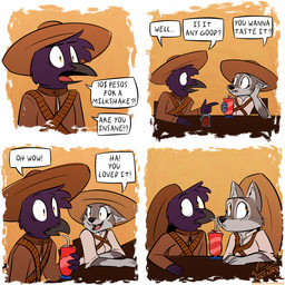 anthro beak beverage chair clothing dialogue drinking_straw duo feathers female fur furniture grey_body grey_fur hands_on_table hat headgear headwear male mexican mexican_revolution mexico milkshake purple_body purple_feathers sombrero speech_bubble strawberry_milkshake table text katnay avian bird canid canine canis corvid corvus_(genus) mammal oscine passerine raven wolf 1:1 comic hi_res url