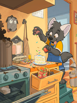 anthro appliance black_nose blender_(machine) blue_clothing blue_overalls cake closed_smile clothed clothing cooking cooking_pot dessert facial_markings food fruit fur glistening glistening_eyes grey_body grey_fur grey_tail head_markings inside kitchen_appliance logo male markings mouth_closed oven overalls plant shirt smile solo standing star_(marking) strawberry t-shirt tail tongue tongue_out topwear yellow_body yellow_clothing yellow_fur yellow_shirt yellow_t-shirt yellow_topwear young young_anthro young_male pandapaco canid canine mammal artist_logo hi_res signature