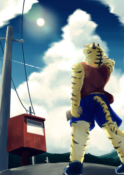 anthro biped bottomwear clothed clothing cloud detailed_background eyebrows fur male markings multicolored_body multicolored_fur muscular muscular_anthro muscular_male outside sky solo striped_body striped_fur striped_markings striped_tail stripes sun tail tail_markings thick_eyebrows topwear two_tone_body two_tone_fur inuller morenatsu torahiko_ooshima felid mammal pantherine tiger absurd_res hi_res