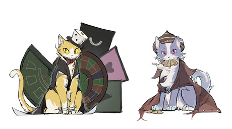 alternate_species ambiguous_feral ambiguous_gender blue_body blue_fur bow_tie card clothed clothed_feral clothing dice duo feral feralized fur furrification hat headgear headwear heart_symbol playing_card pupils purple_eyes quadruped red_bow_tie red_clothing red_hat red_headwear simple_background sitting slit_pupils white_background yellow_body yellow_fur gtbherbstc len'en_project haiji_senri xeno_a domestic_cat felid feline felis mammal hi_res